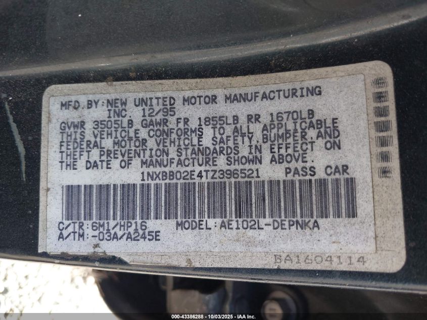 1996 Toyota Corolla Dx VIN: 1NXBB02E4TZ396521 Lot: 43386288