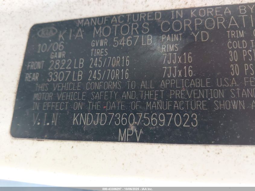 2007 Kia Sorento Ex VIN: KNDJD736075697023 Lot: 43386297