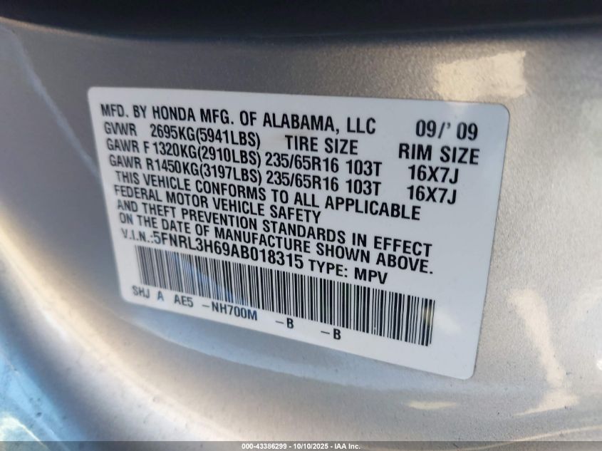 2010 Honda Odyssey Ex-L VIN: 5FNRL3H69AB018315 Lot: 43386299