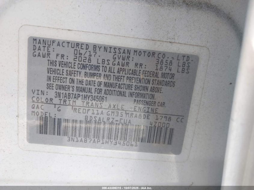 2017 Nissan Sentra Sr VIN: 3N1AB7AP1HY345061 Lot: 43386315