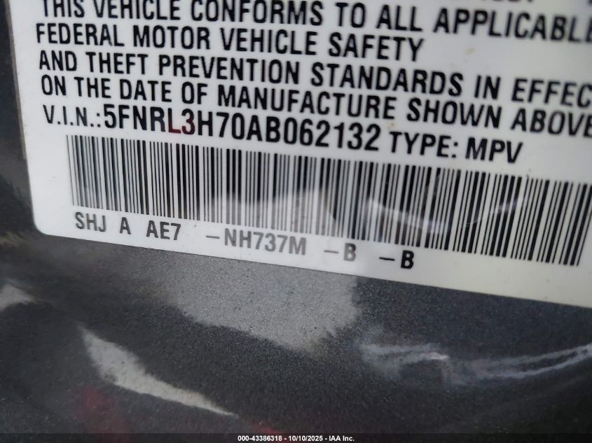 2010 Honda Odyssey Ex-L VIN: 5FNRL3H70AB062132 Lot: 43386318