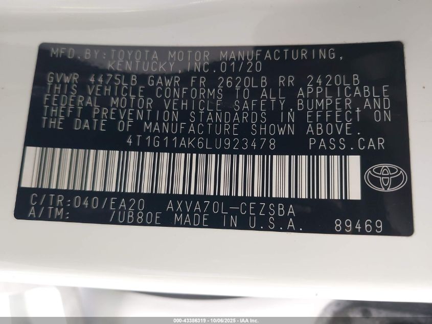 2020 Toyota Camry Se VIN: 4T1G11AK6LU923478 Lot: 43386319