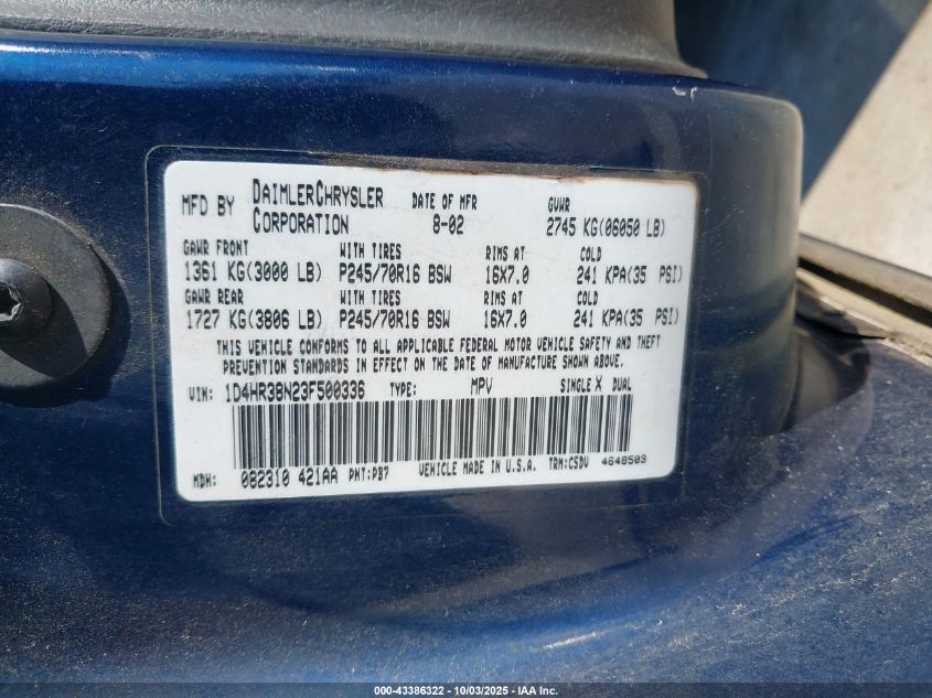 2003 Dodge Durango Sport/Sxt VIN: 1D4HR38N23F500336 Lot: 43386322