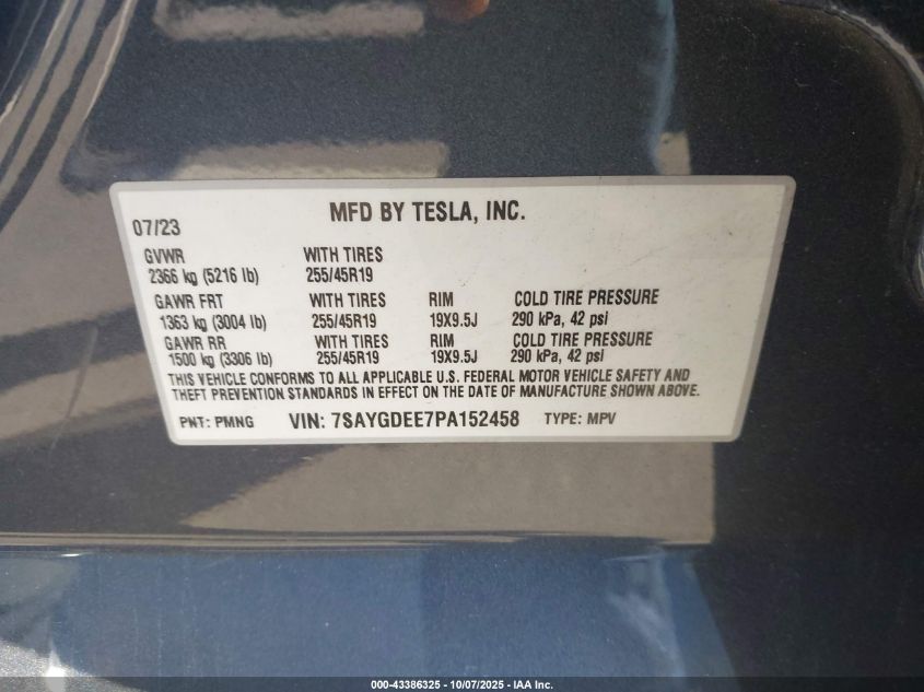 2023 Tesla Model Y Awd/Long Range Dual Motor All-Wheel Drive VIN: 7SAYGDEE7PA152458 Lot: 43386325