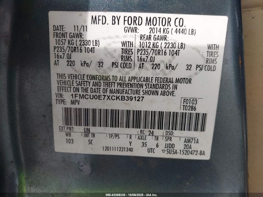 2012 Ford Escape Limited VIN: 1FMCU0E7XCKB39127 Lot: 43386338