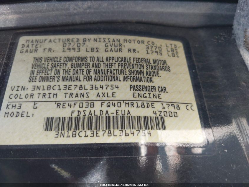 2008 Nissan Versa 1.8S VIN: 3N1BC13E78L364754 Lot: 43386344