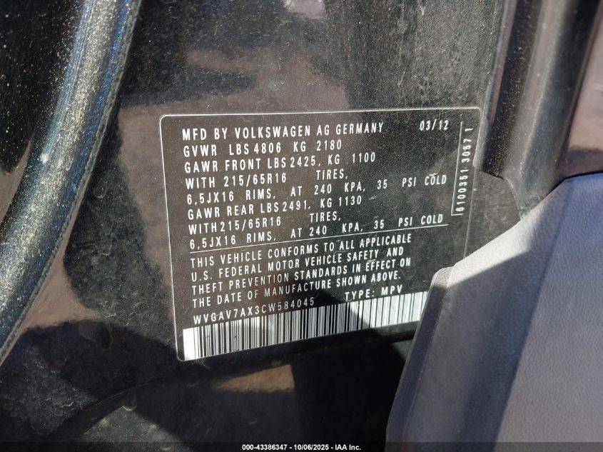 2012 Volkswagen Tiguan S VIN: WVGAV7AX3CW584045 Lot: 43386347