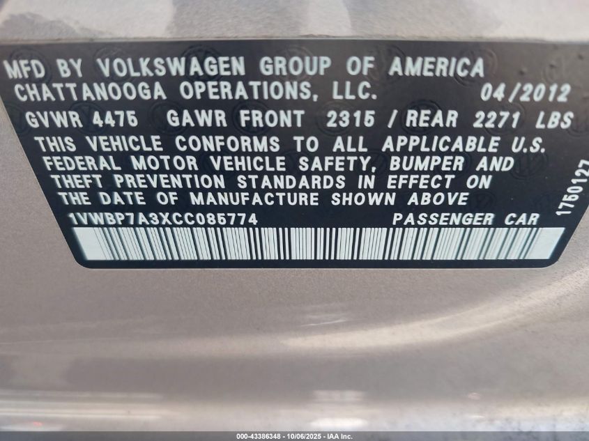 2012 Volkswagen Passat 2.5L Se VIN: 1VWBP7A3XCC085774 Lot: 43386348