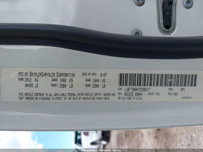 2007 Jeep Patriot Sport VIN: 1J8FT280X7D398217 Lot: 43386363