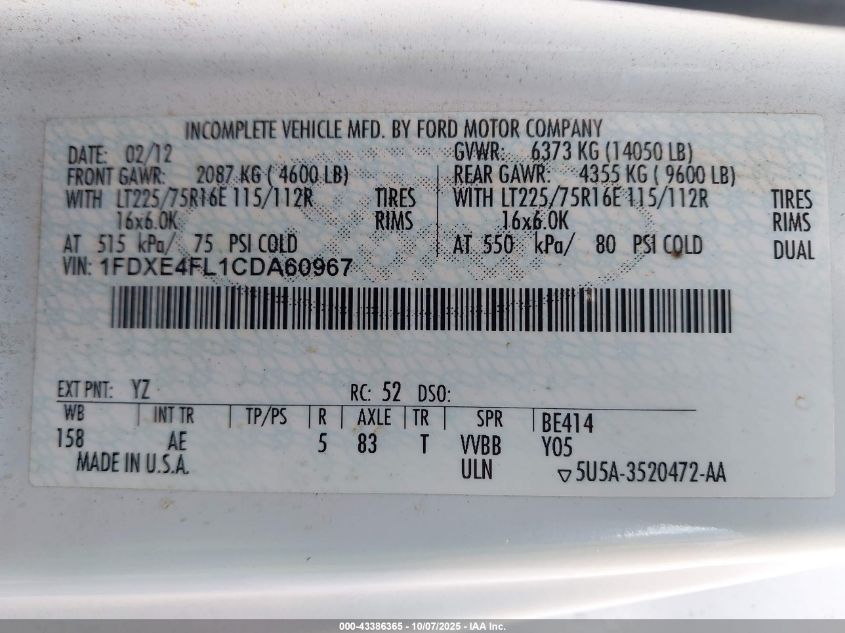 2012 Ford E-450 Cutaway VIN: 1FDXE4FL1CDA60967 Lot: 43386365