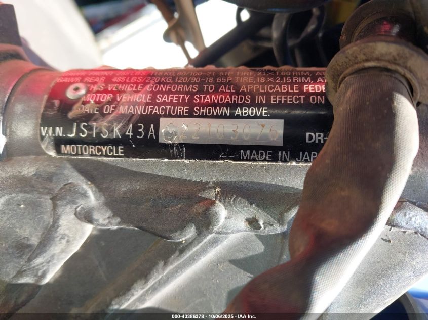 2002 Suzuki Dr-Z400 S VIN: JS1SK43A922103076 Lot: 43386378