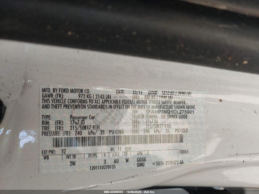 2012 Ford Focus Sel VIN: 1FAHP3M21CL275901 Lot: 43386383