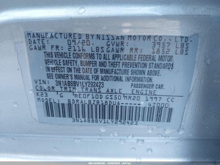 2020 Nissan Sentra S Xtronic Cvt VIN: 3N1AB8BV1LY292423 Lot: 43386388