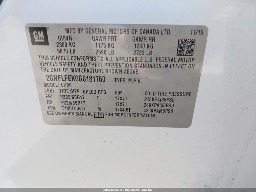 2016 Chevrolet Equinox Lt VIN: 2GNFLFEK6G6181760 Lot: 43386398