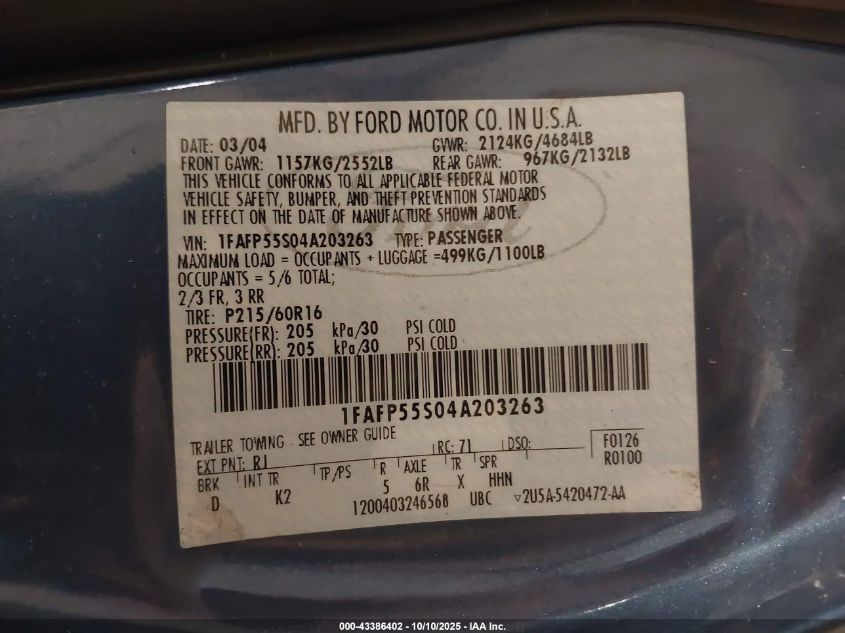 2004 Ford Taurus Ses VIN: 1FAFP55S04A203263 Lot: 43386402
