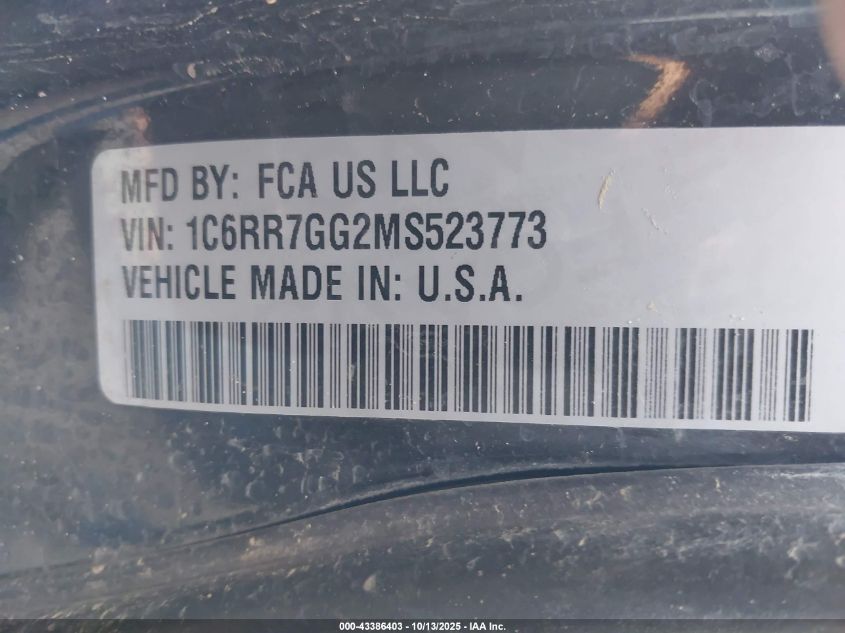2021 Ram 1500 Classic Warlock 4X4 6'4 Box VIN: 1C6RR7GG2MS523773 Lot: 43386403