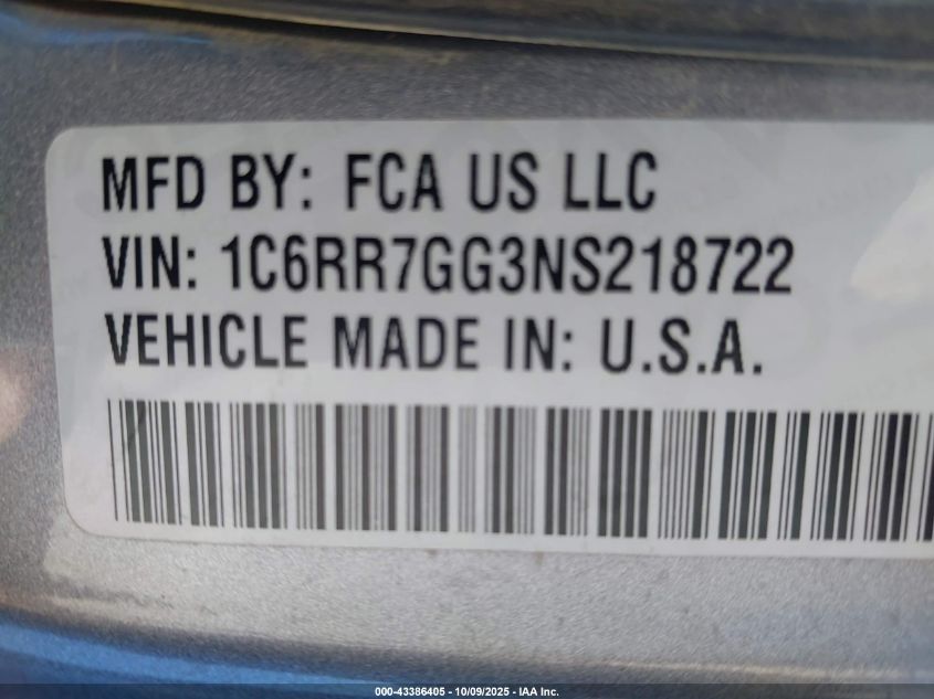 2022 Ram 1500 Classic Warlock VIN: 1C6RR7GG3NS218722 Lot: 43386405