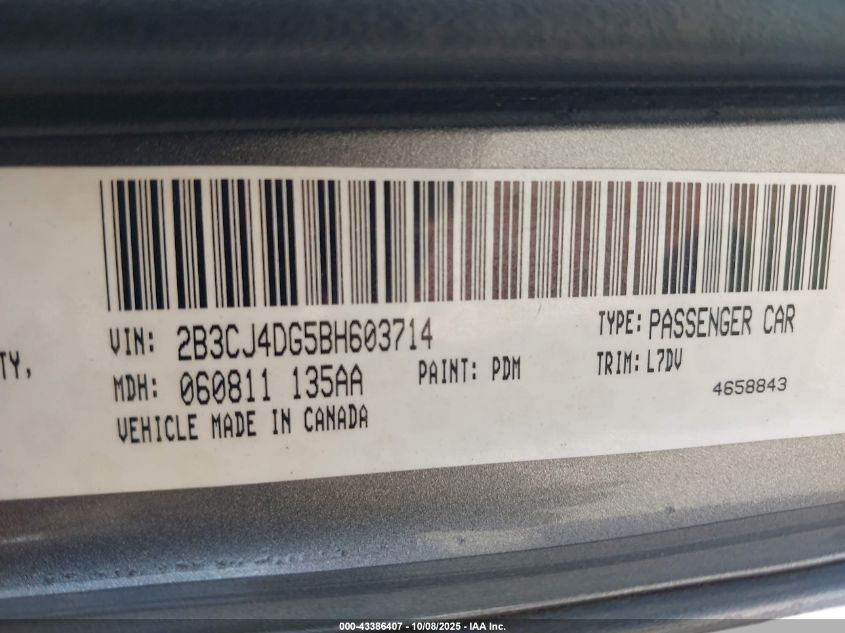 2011 Dodge Challenger VIN: 2B3CJ4DG5BH603714 Lot: 43386407