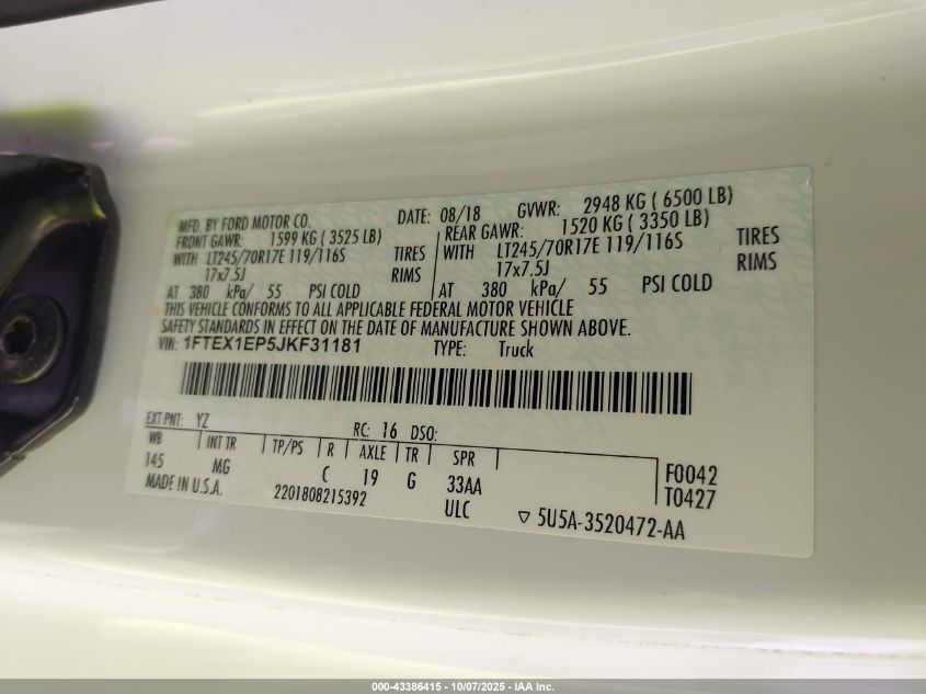 2018 Ford F-150 Xlt VIN: 1FTEX1EP5JKF31181 Lot: 43386415