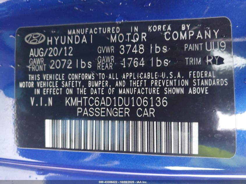 2013 Hyundai Veloster Base W/Black VIN: KMHTC6AD1DU106136 Lot: 43386422