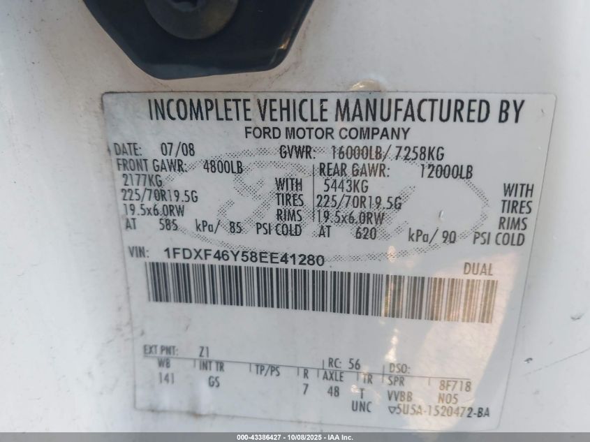 2008 Ford F-450 Chassis Xl/Xlt VIN: 1FDXF46Y58EE41280 Lot: 43386427