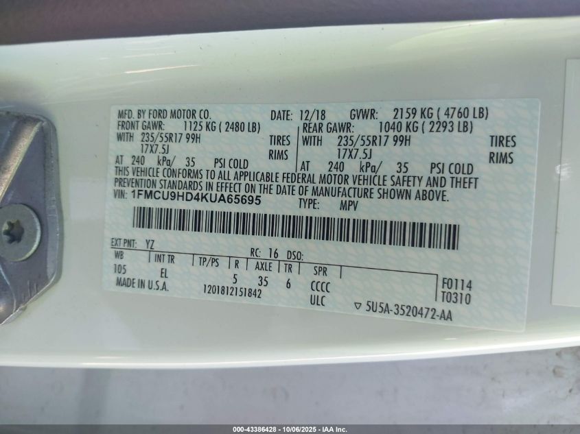 2019 Ford Escape Sel VIN: 1FMCU9HD4KUA65695 Lot: 43386428