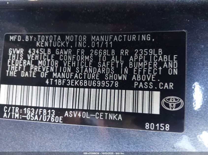 2011 Toyota Camry Se/Le/Xle VIN: 4T1BF3EK6B4699578 Lot: 43386434