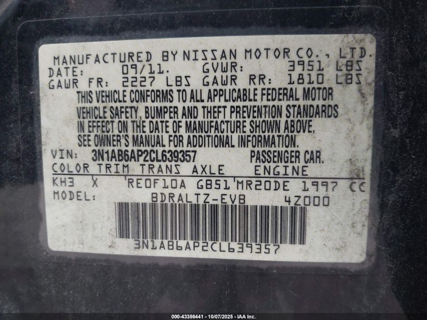 2012 Nissan Sentra 2.0 Sr VIN: 3N1AB6AP2CL639357 Lot: 43386441