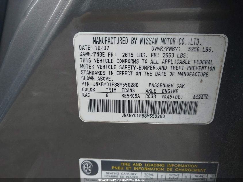 2008 Infiniti M45X VIN: JNKBY01F88M550280 Lot: 43386442