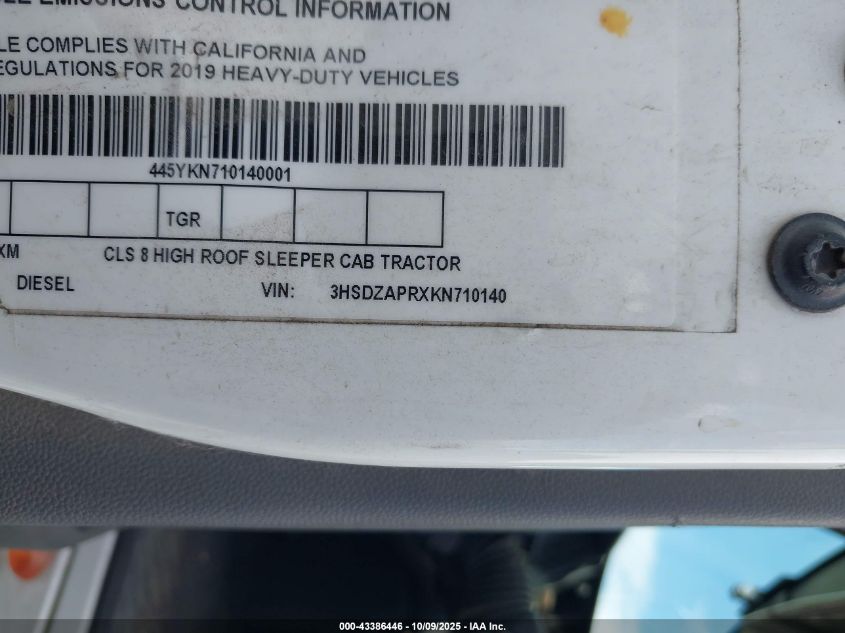 2019 International Lt VIN: 3HSDZAPRXKN710140 Lot: 43386446