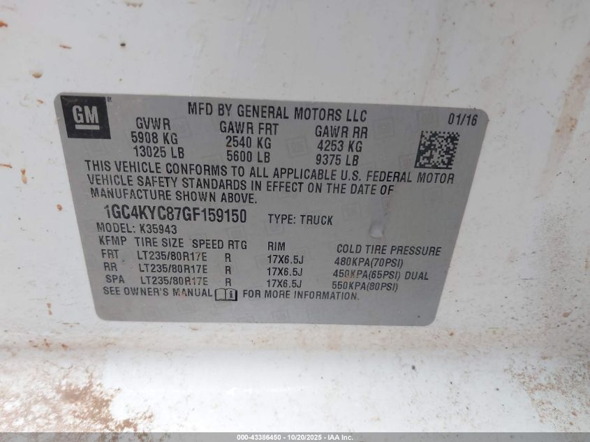 2016 Chevrolet Silverado 3500Hd Wt VIN: 1GC4KYC87GF159150 Lot: 43972277