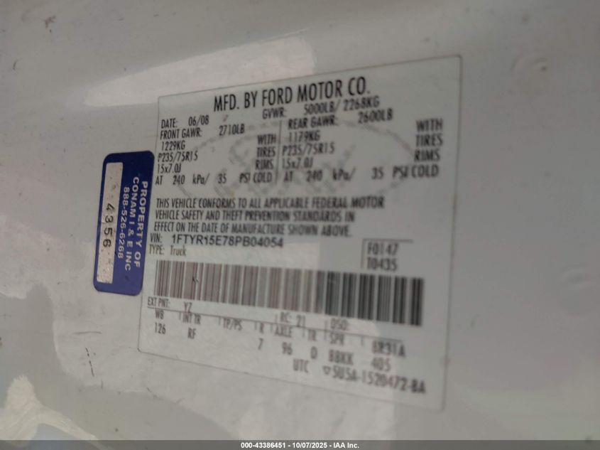 2008 Ford Ranger Fx4 Off-Road/Sport/Xl/Xlt VIN: 1FTYR15E78PB04054 Lot: 43386451