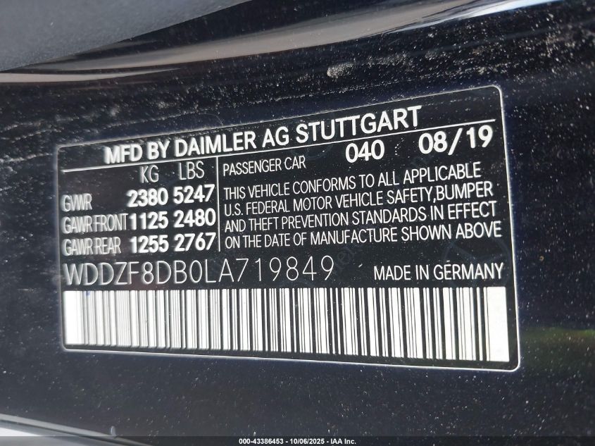 2020 Mercedes-Benz E 350 VIN: WDDZF8DB0LA719849 Lot: 43386453