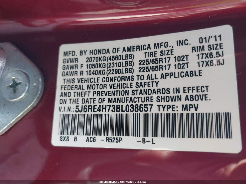 2011 Honda Cr-V Ex-L VIN: 5J6RE4H73BL038657 Lot: 43386457