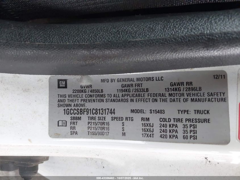 2012 Chevrolet Colorado Work Truck VIN: 1GCCSBF91C8131744 Lot: 43386463