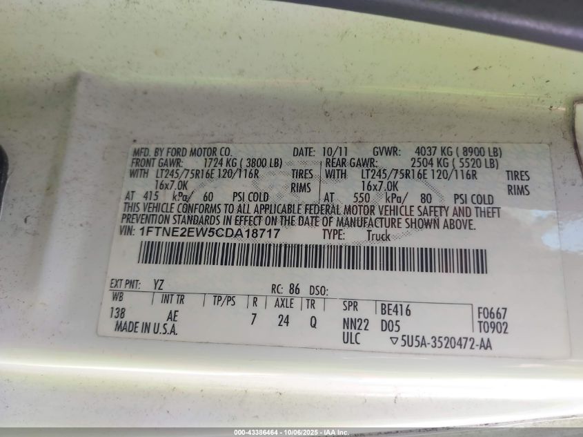 2012 Ford E-250 Commercial VIN: 1FTNE2EW5CDA18717 Lot: 43386464