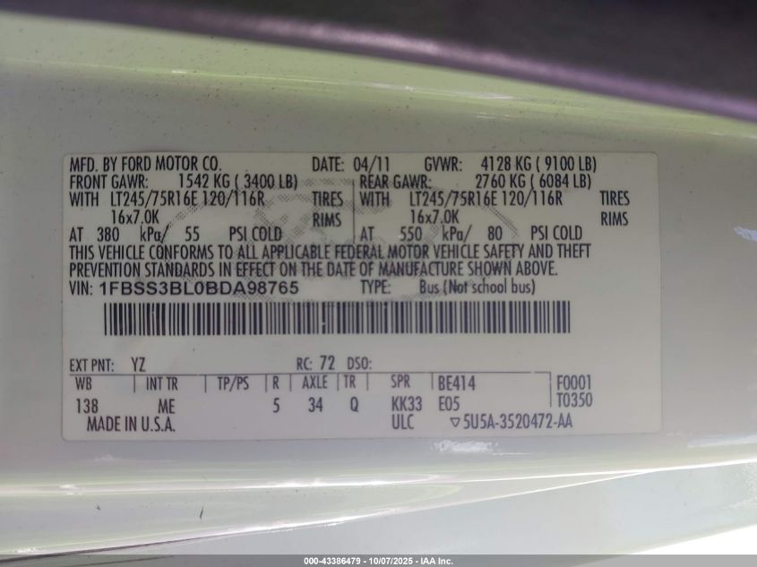 2011 Ford E-350 Super Duty Xlt VIN: 1FBSS3BL0BDA98765 Lot: 43386479