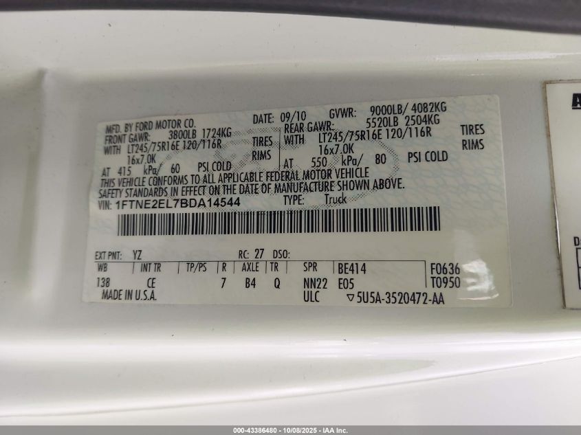 2011 Ford E-250 Commercial VIN: 1FTNE2EL7BDA14544 Lot: 43386480