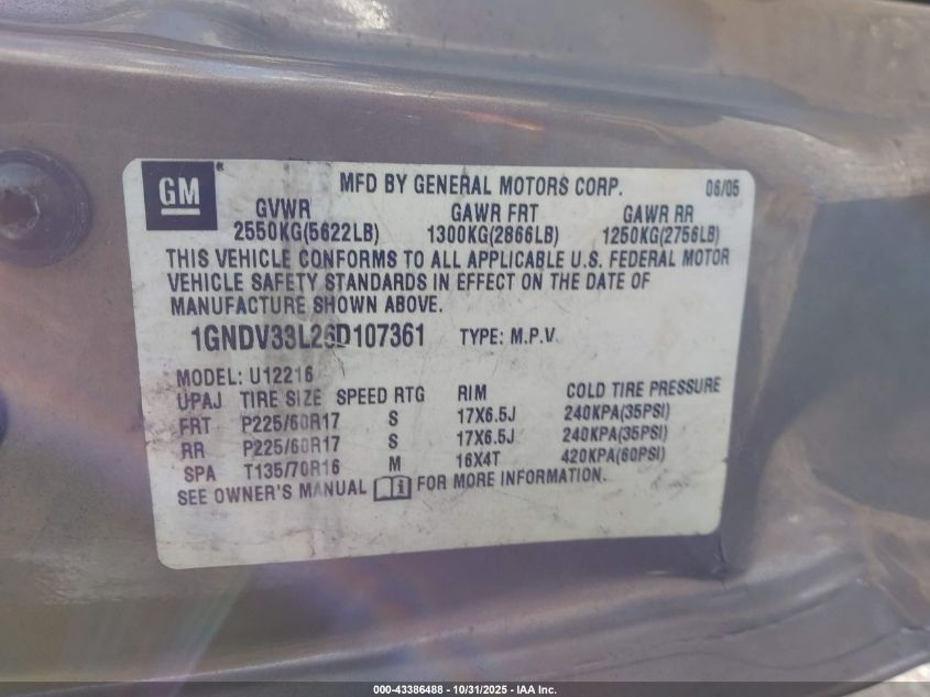 2006 Chevrolet Uplander Lt VIN: 1GNDV33L26D107361 Lot: 43386488