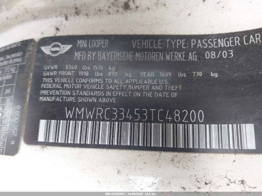 2003 Mini Cooper VIN: WMWRC33453TC48200 Lot: 43386491