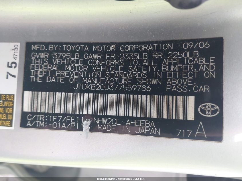 2007 Toyota Prius VIN: JTDKB20U377559786 Lot: 43386495