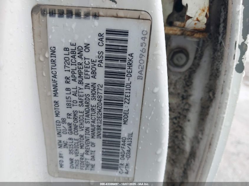 1998 Toyota Corolla Ve VIN: 1NXBR12E2WZ048772 Lot: 43386497