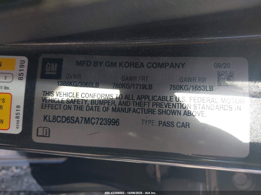 2021 Chevrolet Spark Fwd 1Lt Automatic VIN: KL8CD6SA7MC723996 Lot: 43386502