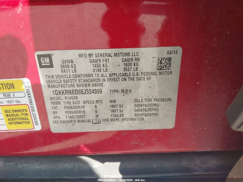 2014 GMC Acadia Sle-1 VIN: 1GKKRNED8EJ334399 Lot: 43386504