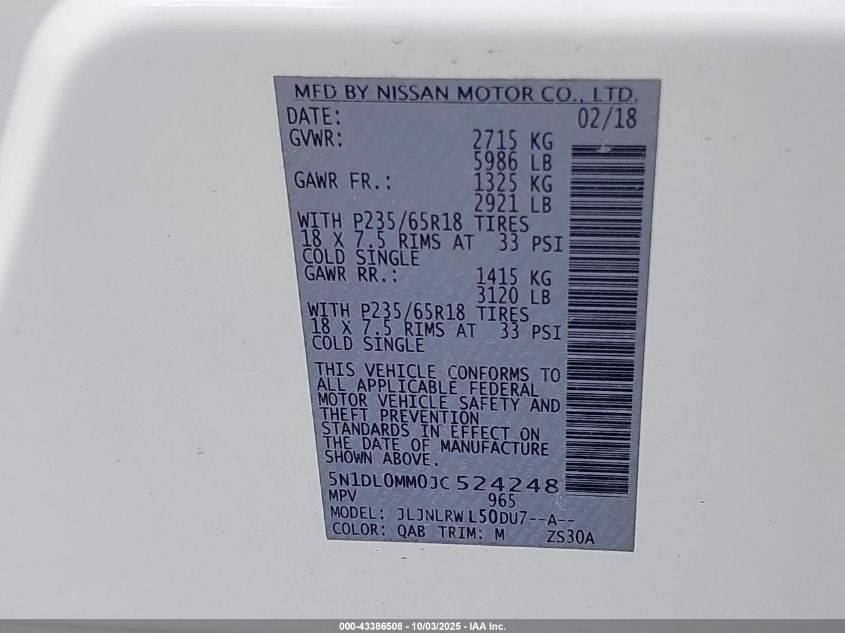 2018 Infiniti Qx60 VIN: 5N1DL0MM0JC524248 Lot: 43386508