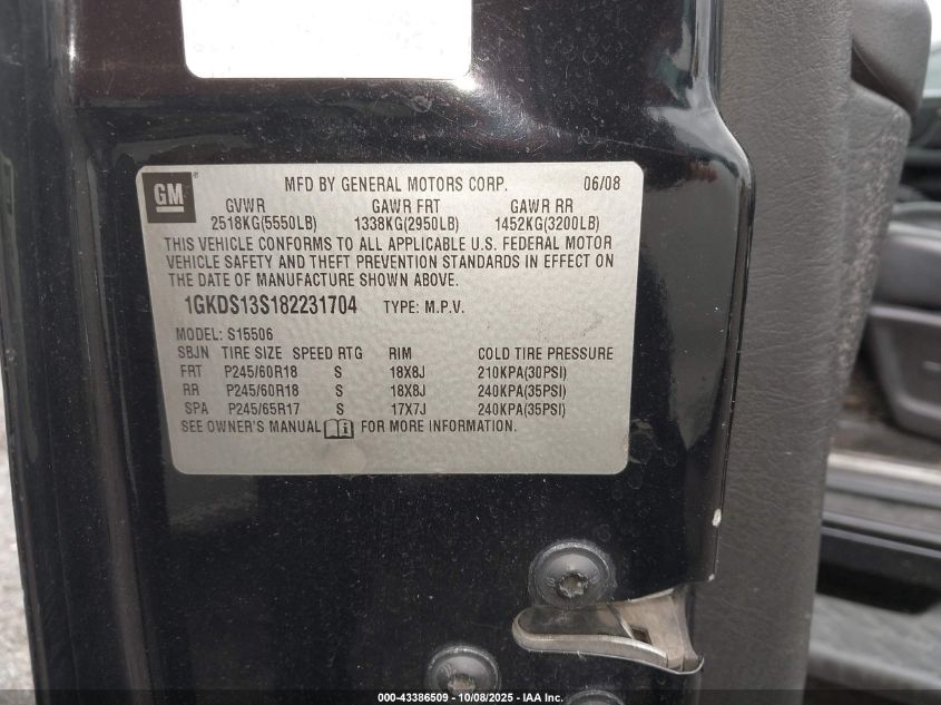 2008 GMC Envoy Slt VIN: 1GKDS13S182231704 Lot: 43386509