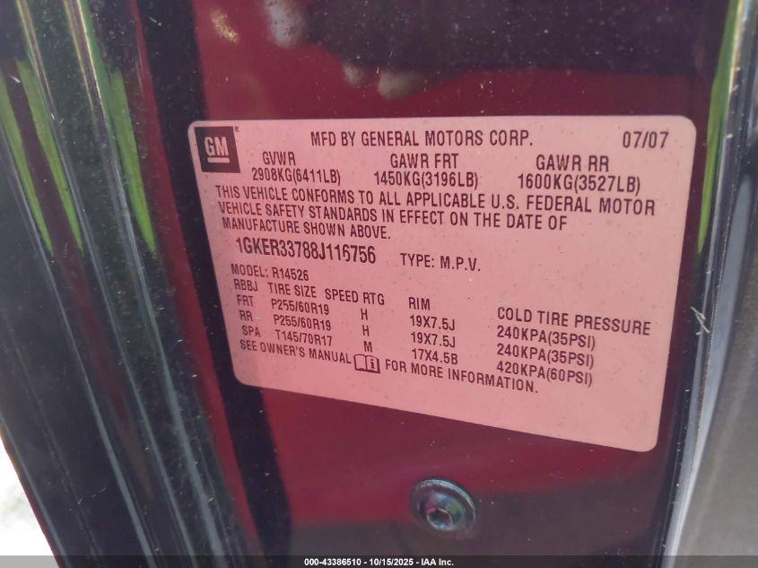 2008 GMC Acadia Slt-2 VIN: 1GKER33788J116756 Lot: 43386510