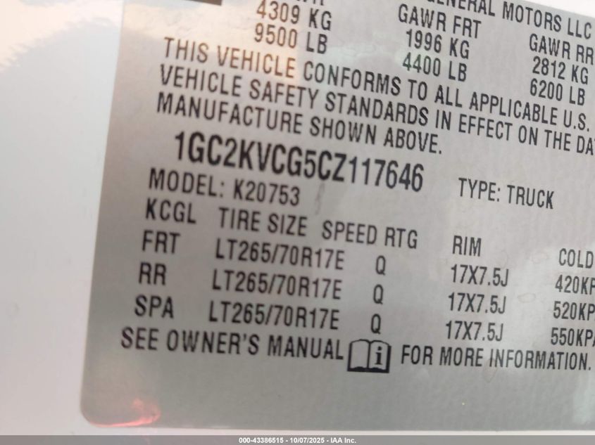 2012 Chevrolet Silverado 2500Hd Work Truck VIN: 1GC2KVCG5CZ117646 Lot: 43386515