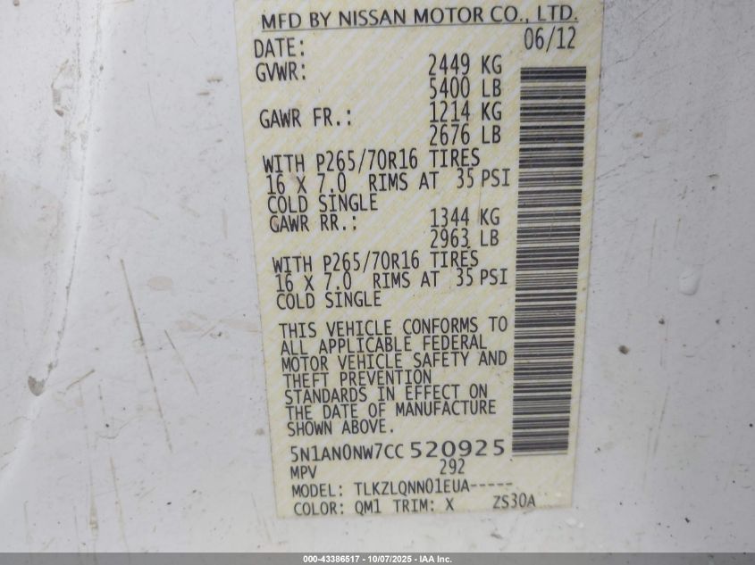 2012 Nissan Xterra X VIN: 5N1AN0NW7CC520925 Lot: 43386517