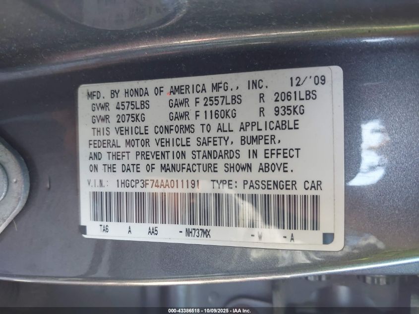 2010 Honda Accord 3.5 Ex VIN: 1HGCP3F74AA011191 Lot: 43386518